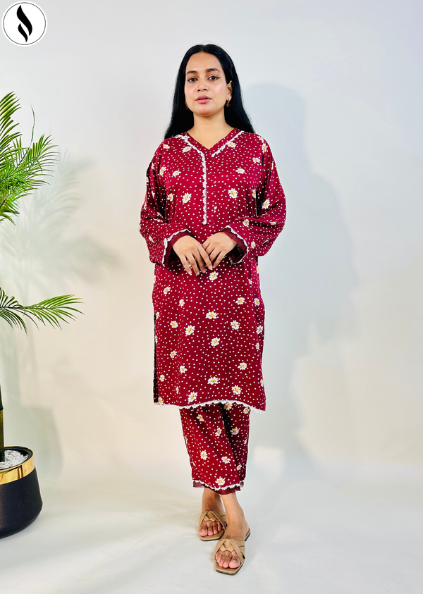 <b>NZSC-1702</b>  2 Piece Crimson Red Co Ord Set Lawn
