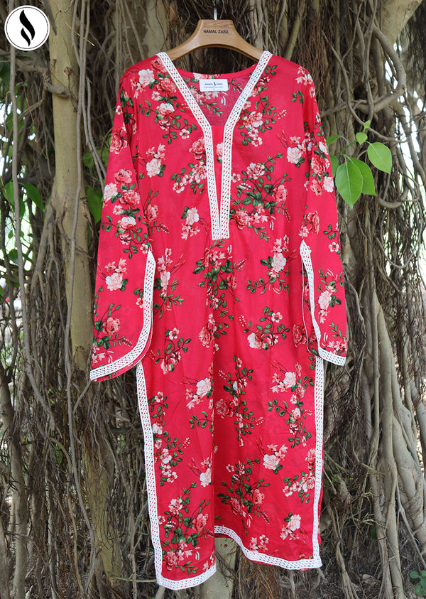 NZSC-811 Stiched 2 Piece Red Bloom Co Ord Set Lawn