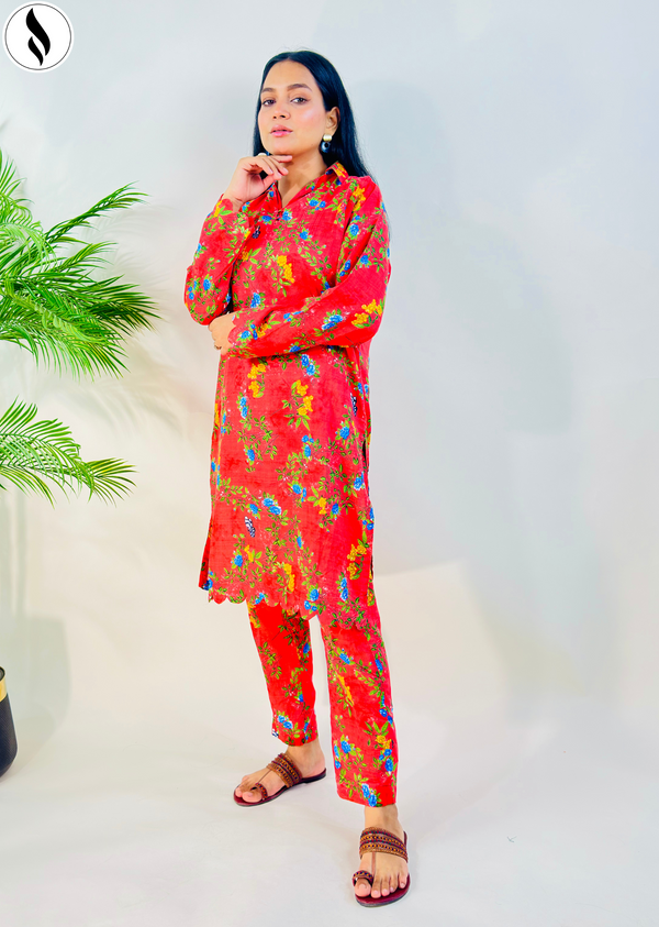 2 Piece Orange contast Co Ord Set Lawn
