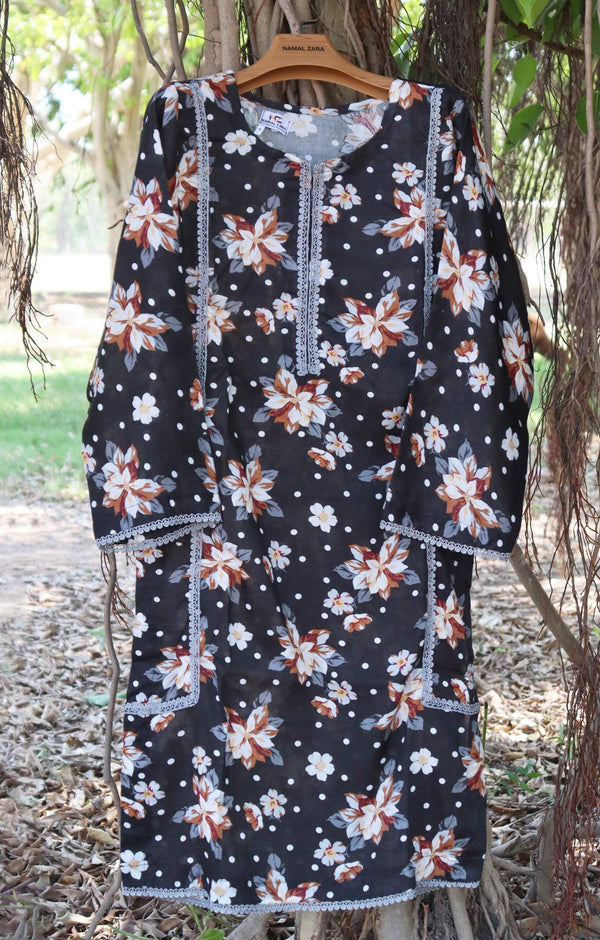 2 Piece Charcoal with Floral Co Ord Set Lawn