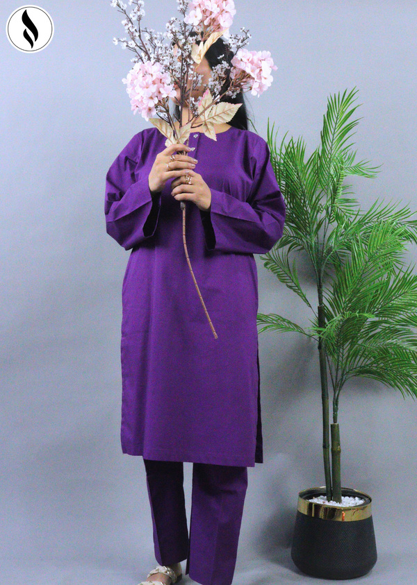 NZSC-1508 Stiched 2 Piece Dark Parrple Co Ord Set Cotton
