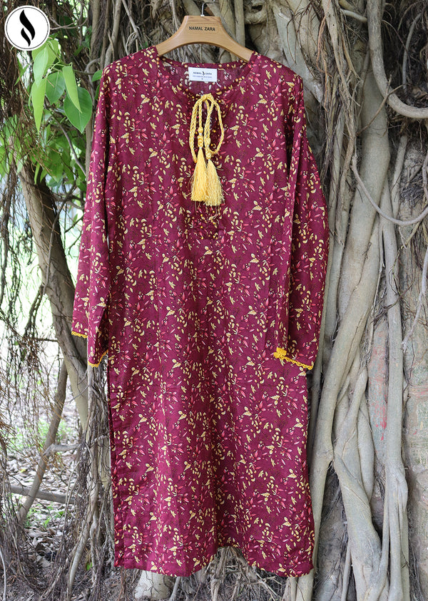 NZSC-813 Stiched 2 Piece Dark Red with Yellow Lace Bow Co Ord Set Lawn