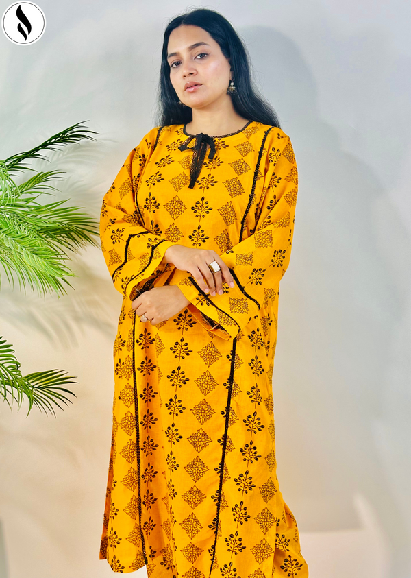 NZSC- 503 Stitched 3 Piece Cheerful Yellow With Wrinkle Chiffon Dupatta Set Lawn