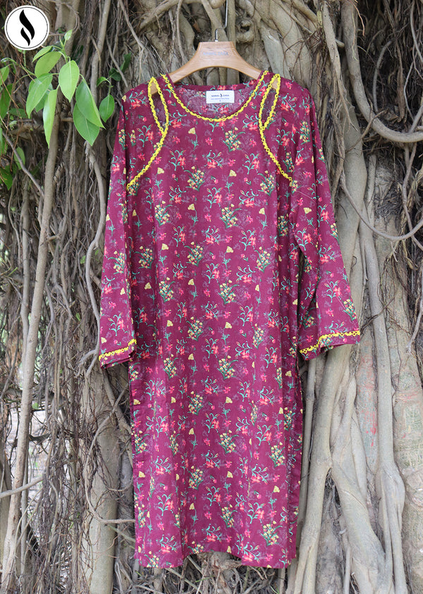 NZSC-819 Stiched 2 Piece Maroon With Yellow Vine Co Ord Set Lawn
