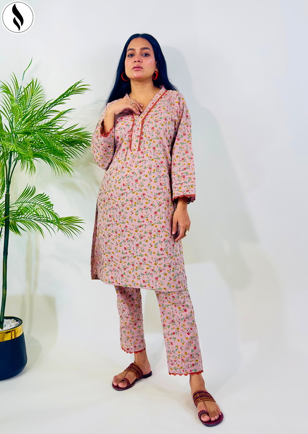 NZSC-912 Stiched 2 Piece Peachish Bloom Co Ord Set Lawn