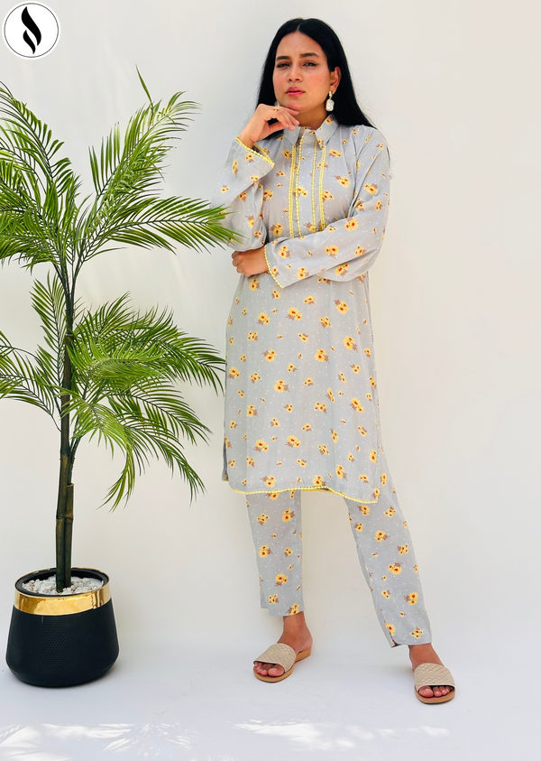 <b>NZSC-1701</b>  2 Piece Misty Gray Co Ord Set Lawn