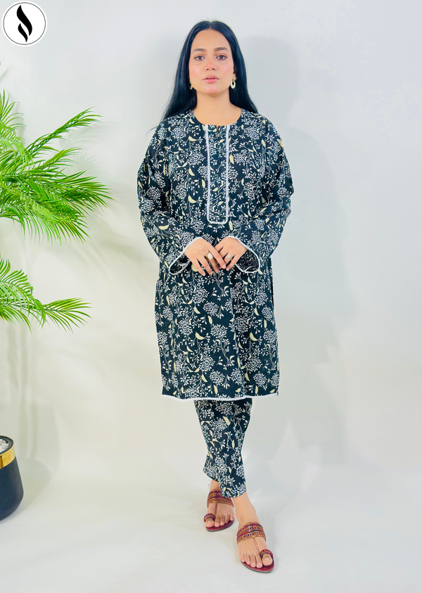 NZSC-913 Stiched 2 Piece Black Mighty Floral Co Ord Set Lawn