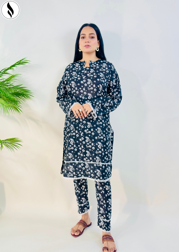2 Piece Black With Daisy Flower Co Ord Set