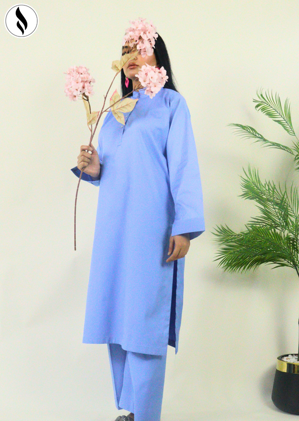 NZSC-1503 Stiched 2 Piece light blue Co Ord Set Cotton