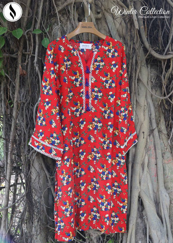 NZWC-1001 Stitched 2 Piece Dark Red Floral Co Ord Linen Set