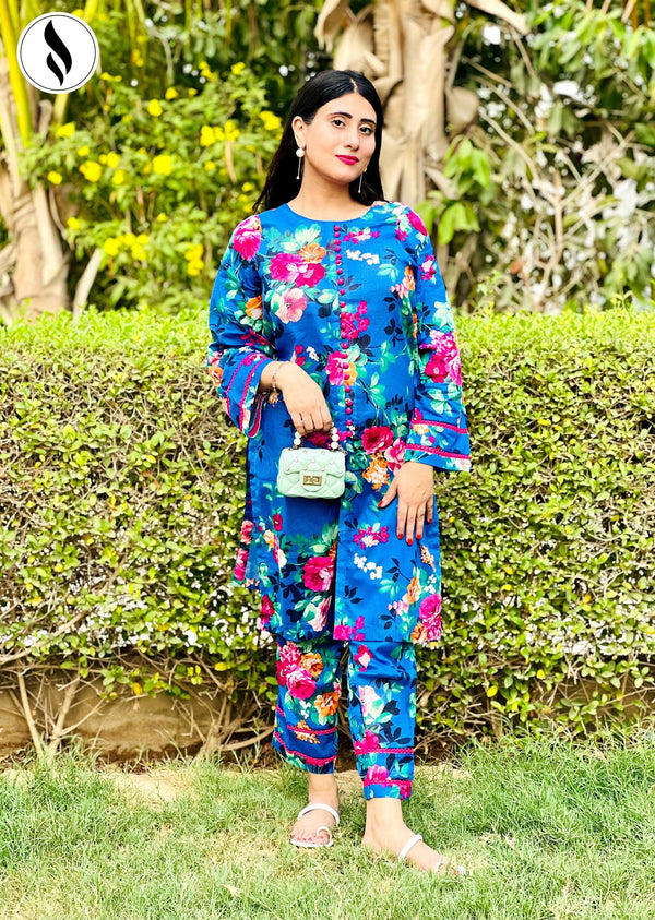 NZSC-401 2 Piece Yale Blue with Reddish Flower Pattern Co Ord Set Lawn