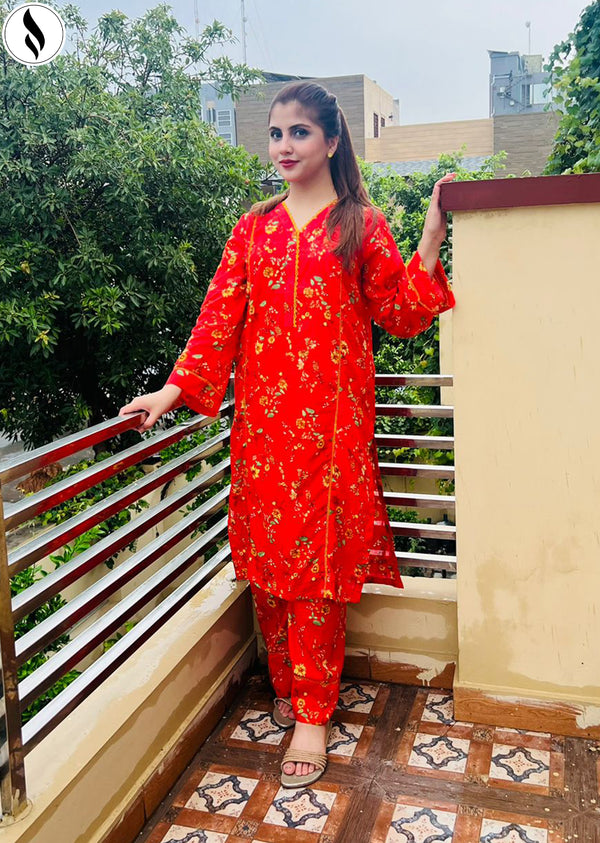 NZSC-803 Stiched 2 Piece Red Bloom Co Ord Set Lawn