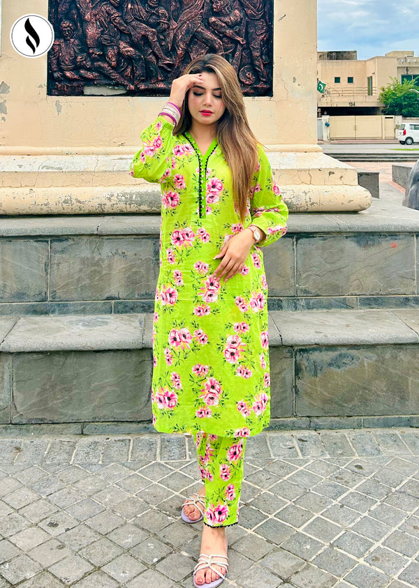 NZSC-807 Stiched 2 Piece Greenish Bloom Vine Co Ord Set Lawn