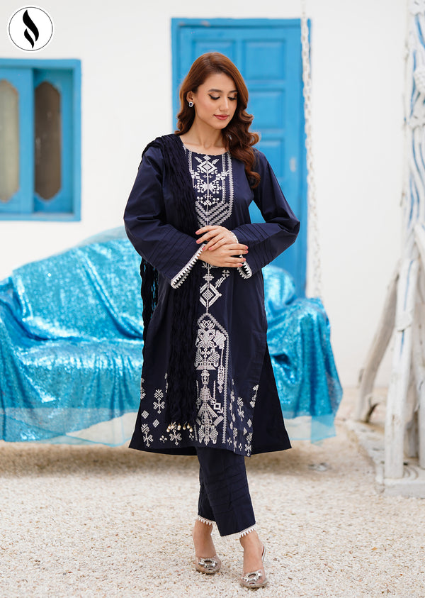 NZEC-1102<br>  3-Piece Embroidered Navy Blue Charm