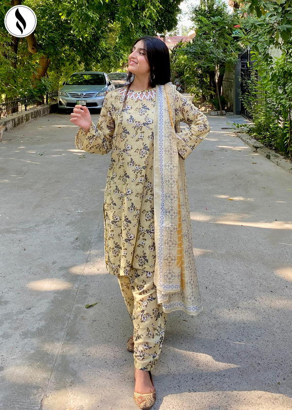 NZSC-901 Stitched 3 Piece Creamy Mini Floral Co Ord Set Lawn