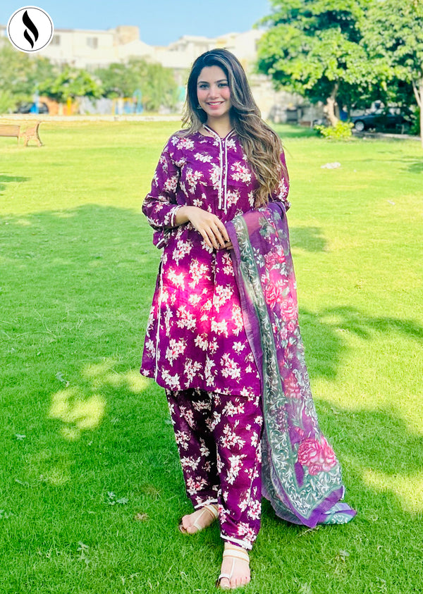 NZSC-909 Stitched 3 Piece Indigo Mini Floral Co Ord Set Lawn