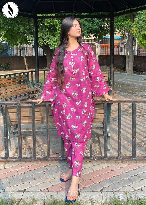 NZSC-815 Stiched 2 Piece Magenta Sea Shells Co Ord Set Lawn
