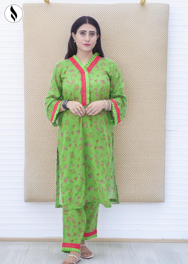 NZSC-703 Stitched 2 Piece Greenish Blossom Co Ord Set Lawn