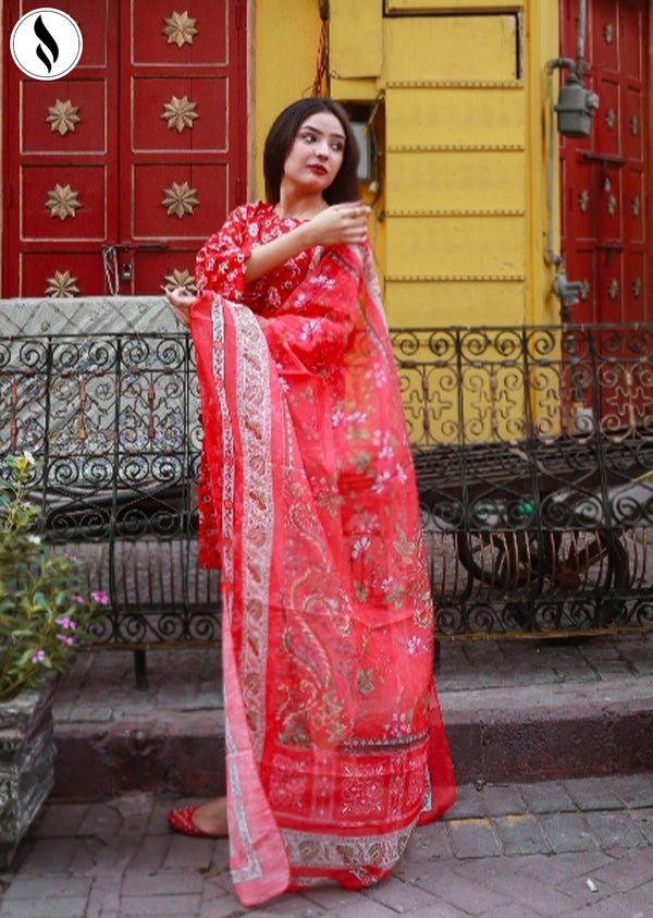NZSC-907 Stitched 3 Piece Red Wonder Floral Co Ord Set Lawn