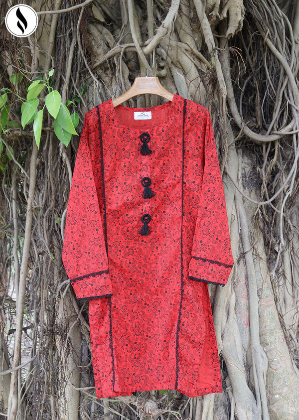 NZSC-915 Stiched 2 Piece Red With Round Black Button Co Ord Set Lawn