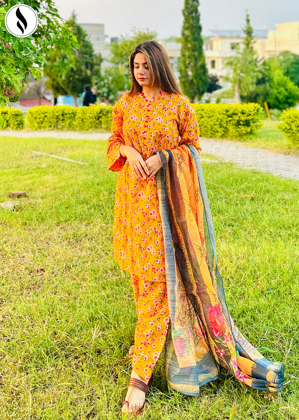 NZSC-908 Stitched 3 Piece Golden Mini Floral Co Ord Set Lawn