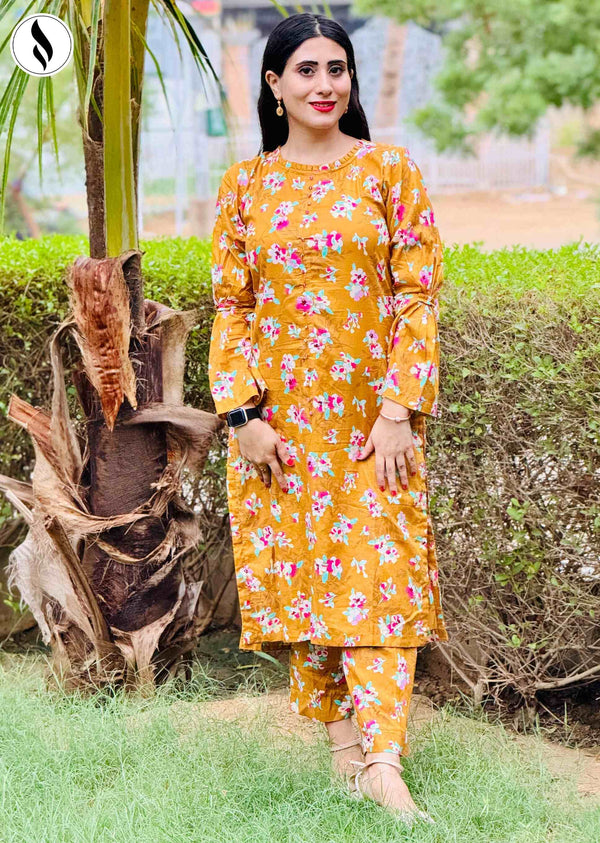 NZSC-610 Stiched 3 Piece Golden Bloom With Wrinkle Chiffon Dupatta Set Lawn
