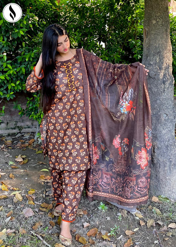 NZSC-910 Stitched 3 Piece Brownish Mini Floral Co Ord Set Lawn