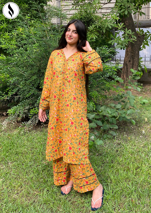 NZSC-812 Stiched 2 Piece Yellow Bloom Co Ord Set Lawn