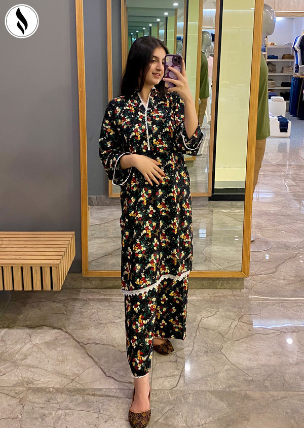 NZWC-1002 Stitched 2 Piece Dark Black Floral Co Ord Linen Set