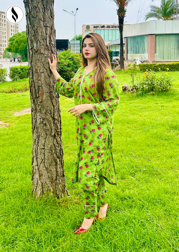 NZSC-604 Stiched 3 Piece Green Bloom With Wrinkle Chiffon Dupatta Set Lawn