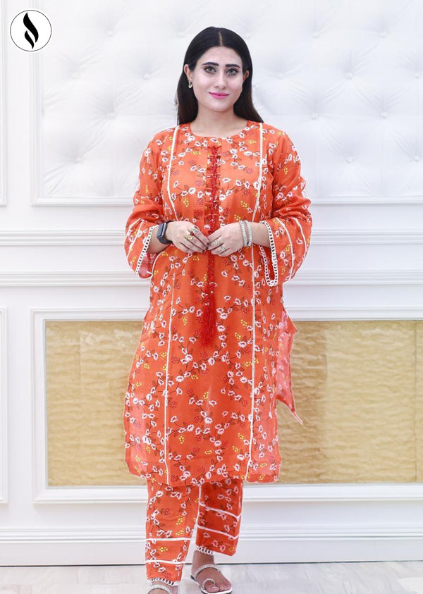 NZSC-702 Stitched 2 Piece Tangerine Orange Co Ord Set Lawn