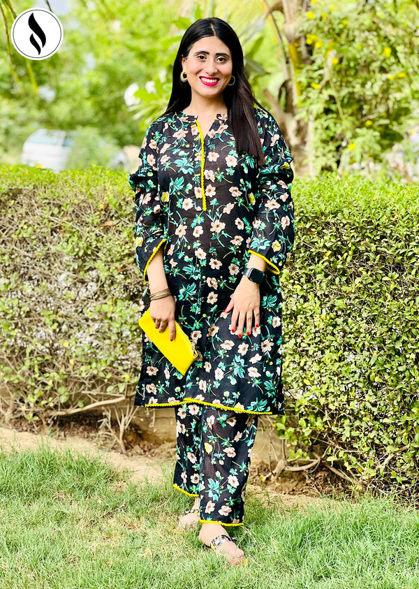 NZSC-402 Stiched 2 Piece Dark Midnight Blossoms Co Ord Set Lawn
