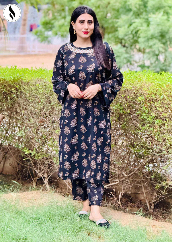 NZSC-511 Stiched 2 Piece Golden-Black Co Ord Set Lawn