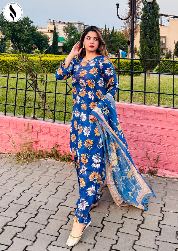 NZSC-903 Stitched 3 Piece Dark Blue Blossom Co Ord Set Lawn